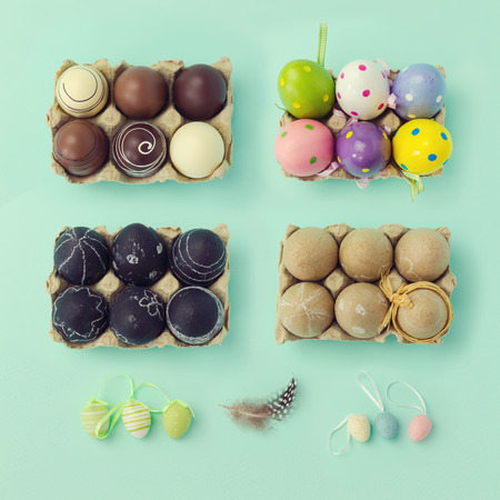 Easter holiday decorations for custom scene creation. View from above. Retro filter effectの写真素材