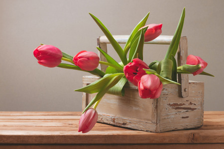 Tulip flowers in wooden boxの写真素材