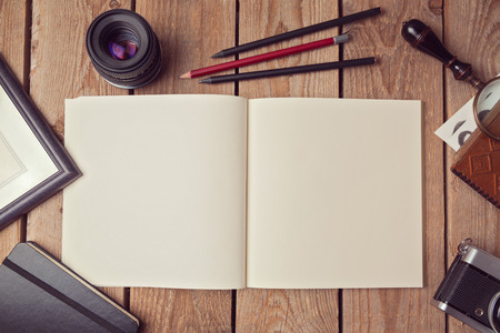 Notebook mock up for drawing or design presentation. View from aboveの写真素材