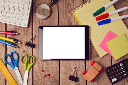 Tablet mock up template with school supplies. Back to school conceptの写真素材