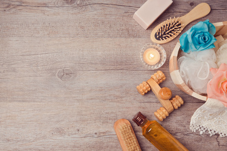 Spa and bath treatment on wooden background. View from aboveの写真素材