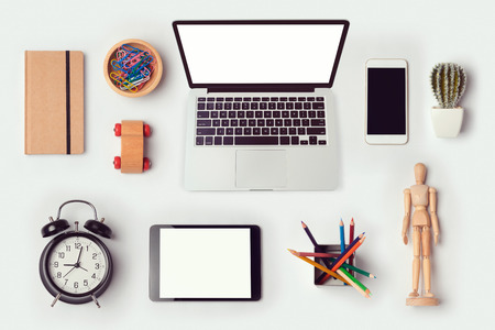 Designer desk objects mock up template with laptop computer for branding identity design. View from above. Flat layの写真素材
