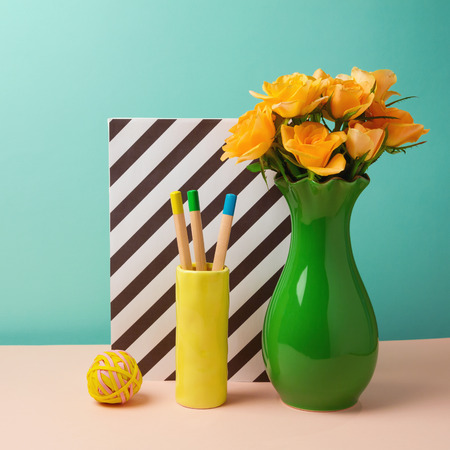 Rose flower bouquet still life in memphis styleの写真素材