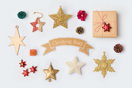 Christmas star decorations collection for mock up template design. View from above. Flat layの写真素材