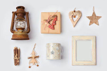 Christmas rustic ornaments and objects for mock up template design.View from above. Flat layの写真素材