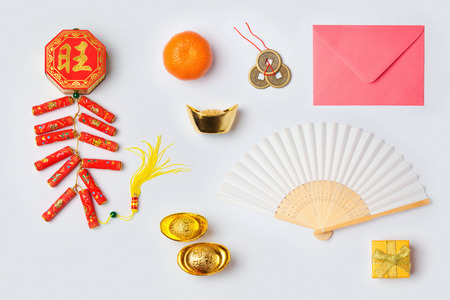 Chinese New Year decorations on white background for mock up template design. View from above. Flat layの写真素材