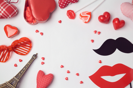Valentine's day background with heart shape and party accessories. View from above.の写真素材