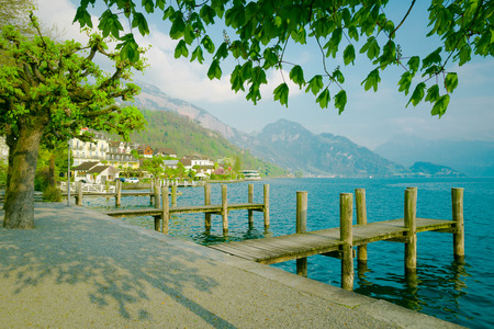 Lake Lucerne, Switzerland. Weggis wooden piers