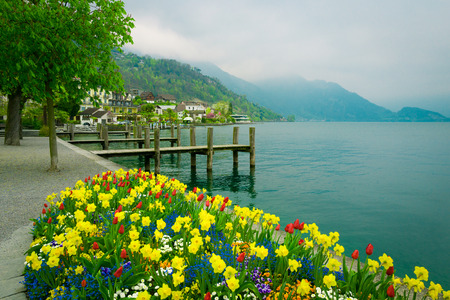 Lake Lucerne, Switzerland. Weggis wooden piersの写真素材