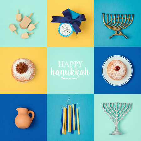 Jewish holiday Hanukkah banner design with menorah, gift box, dreidel and sufganiyot. View from above. Flat layの写真素材