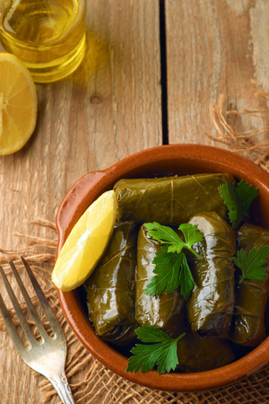 Stuffed grape leaves with rice and meat. Traditional  Turkish and Greek cuisine. Top viewの写真素材