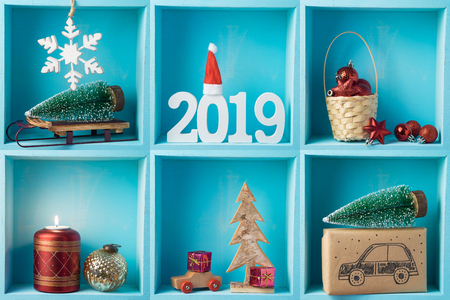 Christmas holiday composition with gift boxes, pine tree and decorationsの写真素材