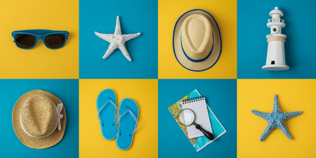 Travel holiday vacation minimal concept with beach items. Top view from above. Flat lay