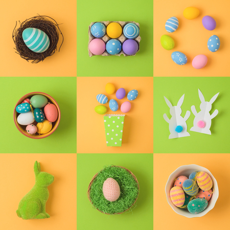 Easter holiday concept with easter eggs and bunny decorations. Top view from above. Flat layの写真素材