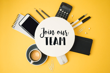 Job recruit banner concept with office desk. Business background. Top view from aboveの写真素材