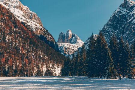 Winter landscape with Dolomites mountains. Travel and tourism concept background.の写真素材