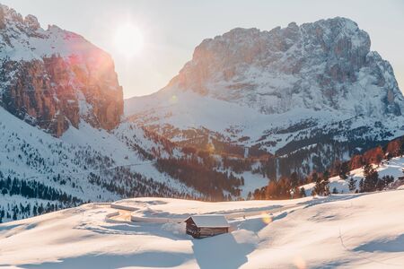 Winter landscape with Dolomites mountains. Travel and tourism concept background.の写真素材
