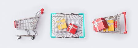 Sale banner mock up for design with shopping cart on white background. Top view from aboveの写真素材