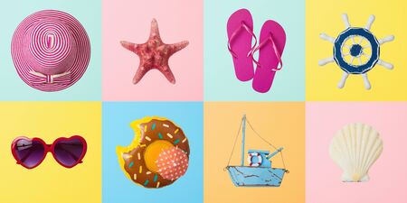 Summer creative background with summer objects. Top view from aboveの写真素材