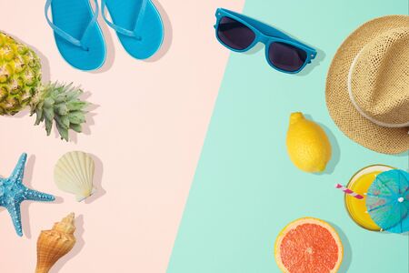 Summer creative background with summer objects. Top view from aboveの写真素材