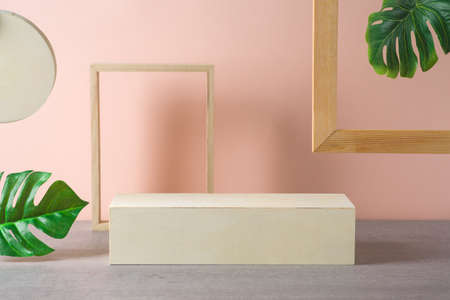 Creative background for cosmetic or body care product display. Empty stand or podium mockup with frame and monstera leaves for advertising.の写真素材