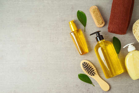 Body care products over gray background. Natural and organic beauty treatment conceptの写真素材