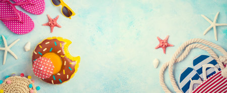 Summer holiday vacation  with orange juice and beach accessories.の写真素材