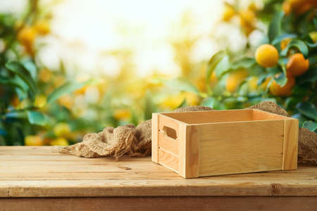 Empty wooden box on rustic table with sackcloth over orange garden background.  Summer mock up for design and product display.の写真素材