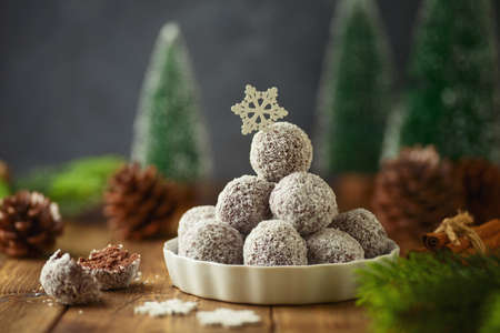 Chocolate truffles with coconut flakes for Christmas holiday celebration