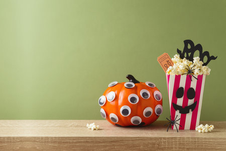 Horror movie night and Halloween party concept with  pumpkin and popcorn on wooden tableの写真素材