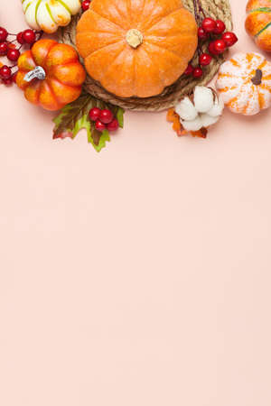 Thanksgiving holiday background with pumpkin, apples and fall leaves. Autumn season banner with copy spaceの写真素材
