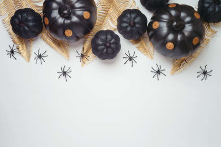 Modern Halloween holiday greeting card design with pumpkin and decorations on white background....