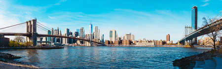 New York city Lower Manhattan skyline and Brooklyn bridge panoramaの写真素材