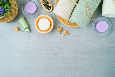 Spa product composition over gray background. Beauty treatment concept. Flat lay, top viewの写真素材