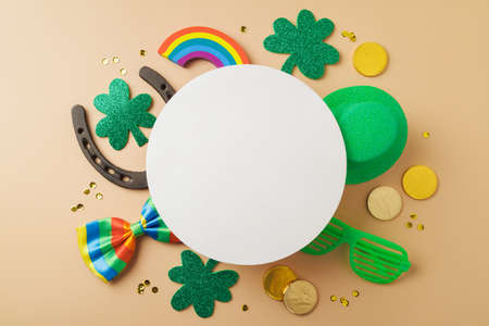 St Patricks day party background with lucky charms, shamrock and rainbow. Flat lay composition with...