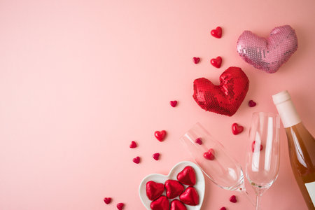 Valentines day background with heart shapes, chocolates and wine bottle. Top view with copy spaceの写真素材