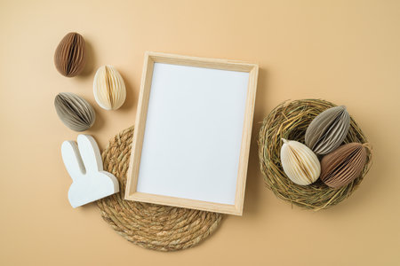 Easter holiday frame mock up with eco friendly Easter decorations on modern background. Top view, flat layの写真素材