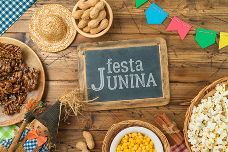 Traditional Brazilian food for summer Brazilian harvest festival. Festa Junina greeting card. Flat...