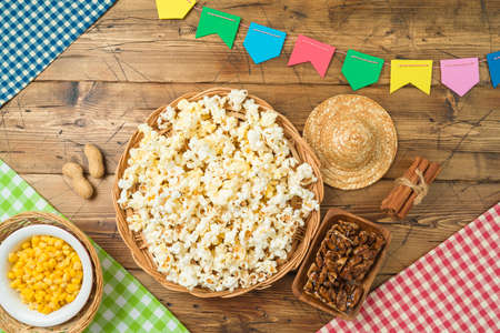 Traditional Brazilian food for summer Brazilian harvest festival. Festa Junina party celebration. Flat lay, top viewの写真素材