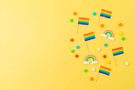 Rainbow flags decoration for LGBTQ pride month concept. June summer backgroundの写真素材