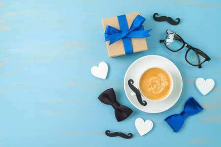 Father's day background with coffee cup and gift box. Flat lay, top viewの写真素材
