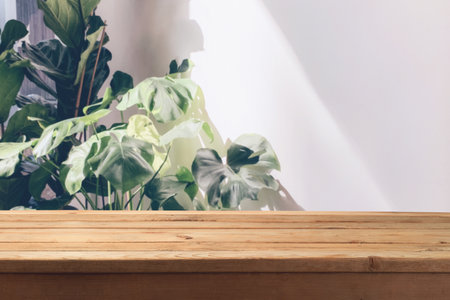 Empty wooden table over white wall and tropical plants background. Modern office or home interior for mock up designの写真素材