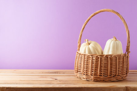 White pumpkin in basket on wooden table over purple background.  Autumn still lifeの写真素材