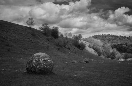 Man-made round stones in the mountains of the Caucasus