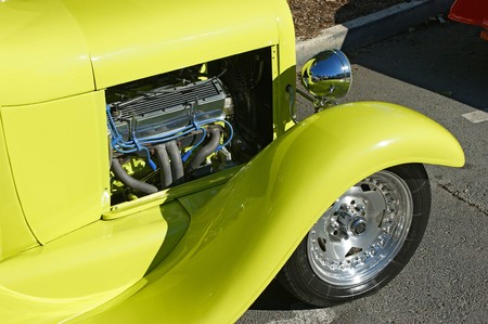 A side view of a performance hotrod showing engineの写真素材