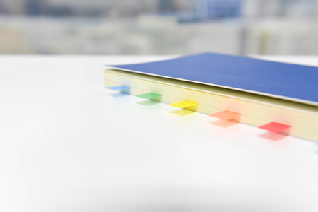 Blue notebook with note flags