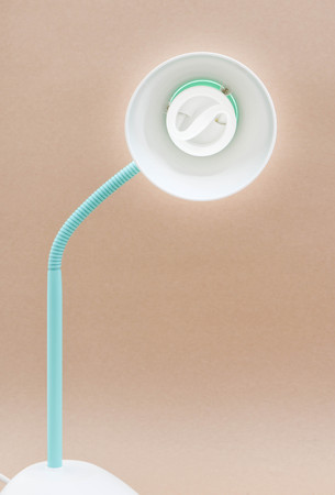 Lamp with Compact Fluorescent bulb with lighting on the brown backgroundの写真素材