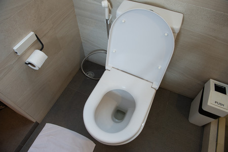 Interior toilet room with flush toilet, tissue and bin