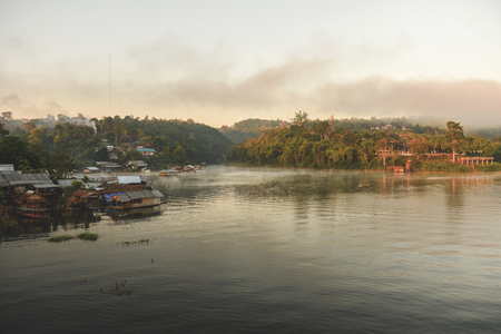 Waterfront Village with morning mistの写真素材