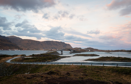 Landscape of Fredvang bridge across the island in Ramberg at Lofoten Norwayの写真素材